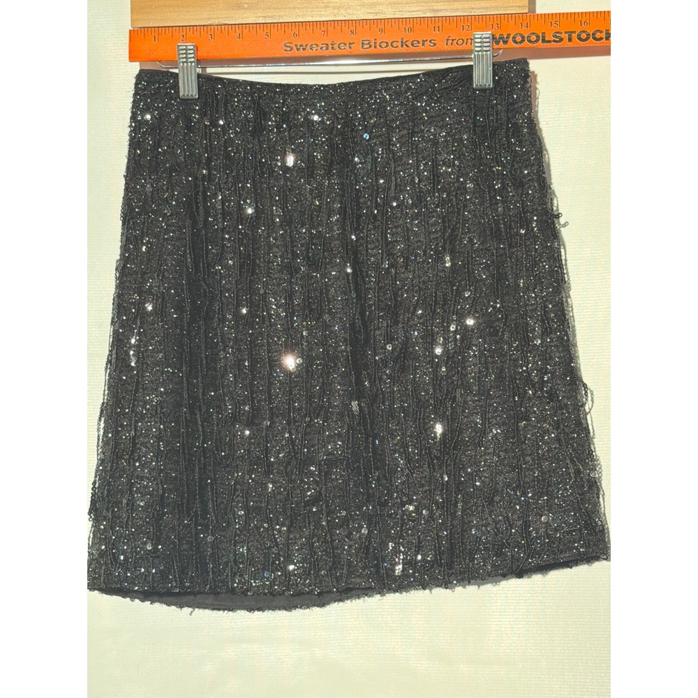 Black Textured Sequin Mini Skirt Metallic Shimmer A-Line Party Size 2 Petite - Picture 5 of 6